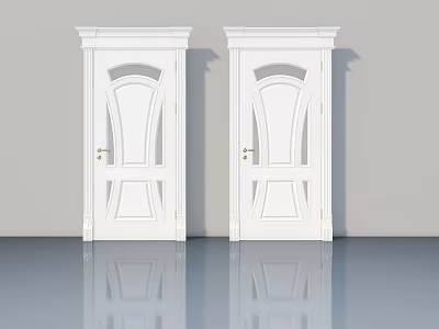 Two White Swing Doors With Decorative Panel Design And Golden Handles 3d model