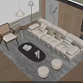 Beige Sofa and Coffee Table Set with Round Stools Wicker Chair and Wooden Wall