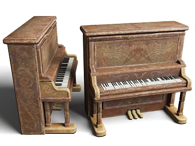 Two Vintage Wooden Pianos With Intricate Carved Designs And Musical Instrument Features 3d model