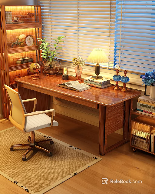 Wooden Writing Desk with Comfortable Chair Table Lamp Open Book and Potted Plant 3d model 