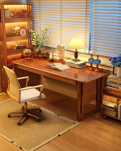 Wooden Writing Desk with Comfortable Chair Table Lamp Open Book and Potted Plant 3d model