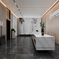 Modern Reception Desk With Company Logo And White Marble Counter On Wooden Textured Wall