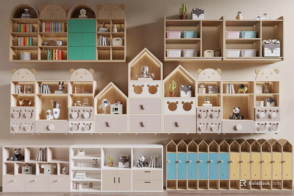 Decorative Cabinet With Modern House Shaped Design Colorful Wooden Panels And Storage Shelves 3d model 