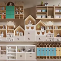 Decorative Cabinet With Modern House Shaped Design Colorful Wooden Panels And Storage Shelves