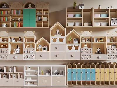 Decorative Cabinet With Modern House Shaped Design Colorful Wooden Panels And Storage Shelves 3d model