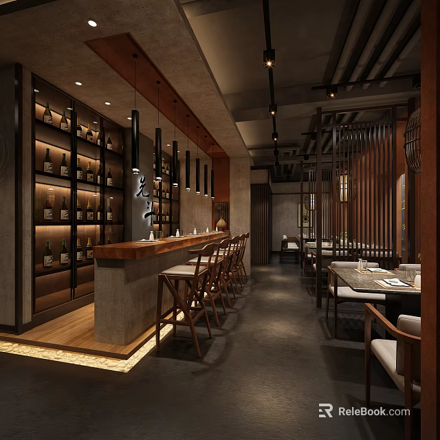 Modern Asian Restaurant Interior With Wine Rack Bar Counter Wooden Tables Chairs And Pendant Lights 3d model 
