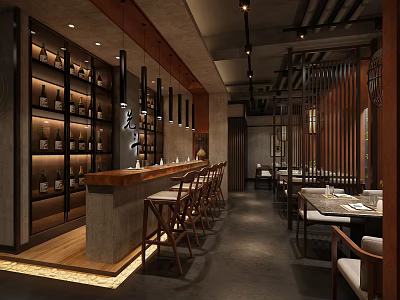 Modern Asian Restaurant Interior With Wine Rack Bar Counter Wooden Tables Chairs And Pendant Lights 3d model