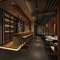 Modern Asian Restaurant Interior With Wine Rack Bar Counter Wooden Tables Chairs And Pendant Lights