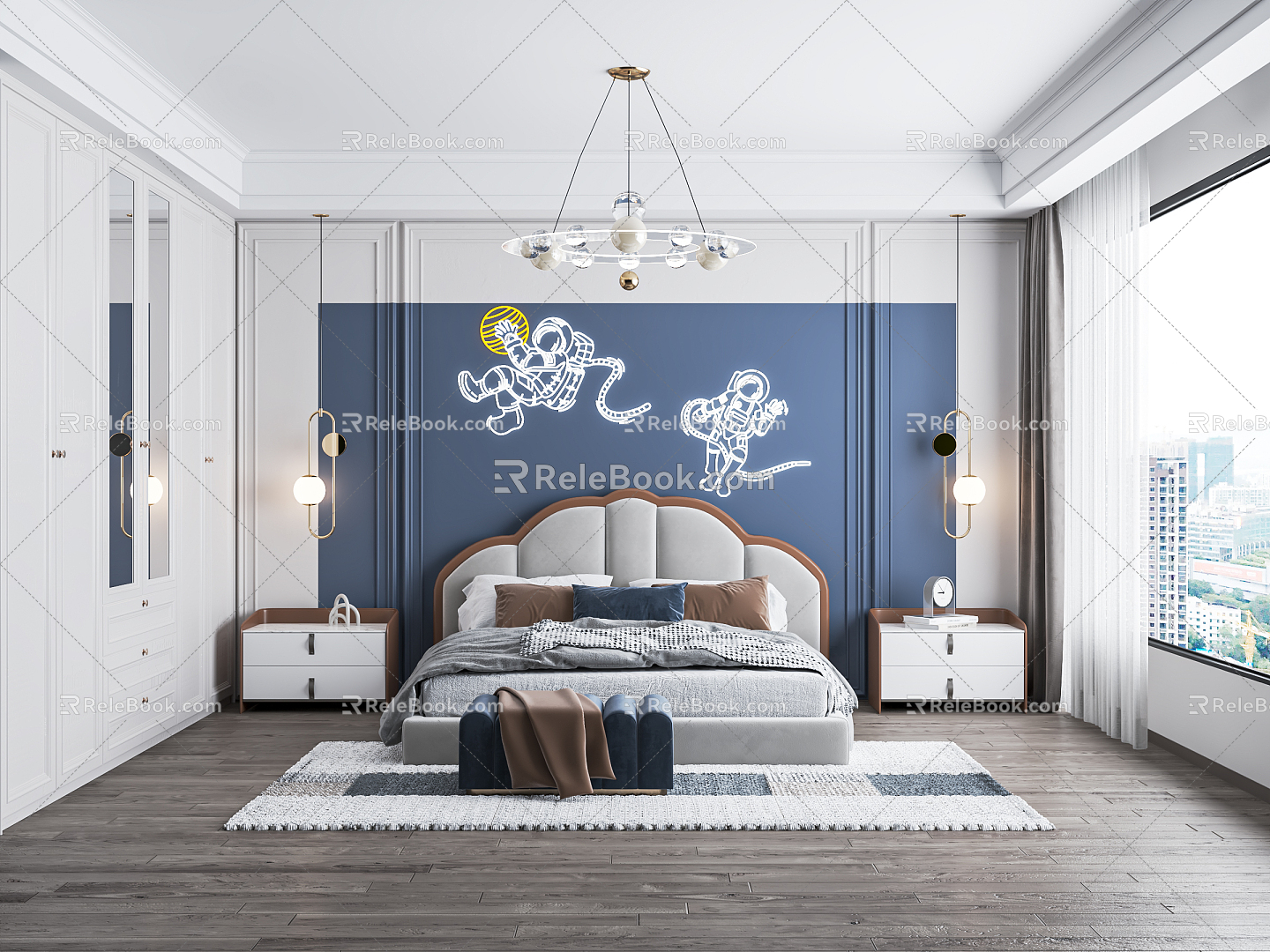 Jianou Children's Room Children's Bedroom Boy's Room Bedside Background Wall Dresser Wardrobe Chandelier Computer Table and Chair 3d model