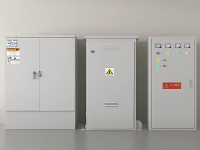 Industrial Control Cabinets Three Units With Doors Control Panels Indicator Lights And Warning Signs For Industrial Use 3d model