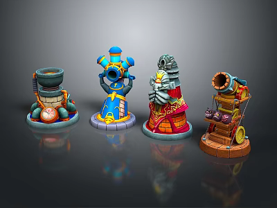 Colorful Cartoon Style Commercial Equipment With Four Different Mechanical Designs And Round Bases 3d model