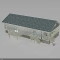 Single Story House With Blue Roof White Siding Front Porch And Wooden Staircase
