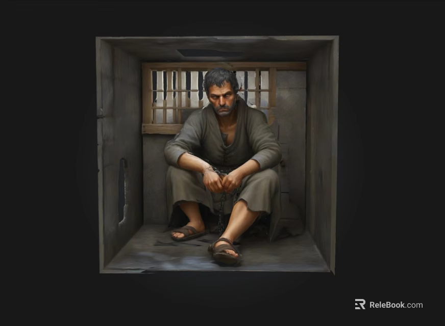 Desolate Man Sitting in Small Room with Barred Window and Tied Hands Wearing Tattered Clothes 3d model 