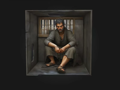 Desolate Man Sitting in Small Room with Barred Window and Tied Hands Wearing Tattered Clothes 3d model