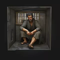 Desolate Man Sitting in Small Room with Barred Window and Tied Hands Wearing Tattered Clothes