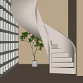 Elegant Spiral Staircase Design With Beige Walls Potted Plant And Soft Natural Light