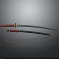 Traditional Samurai Sword With Red Handle Gold Decorations And Black Scabbard