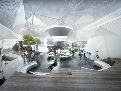 Modern Sales Office Interior With Geometric Ceiling Indoor Plants And Visitors 3d model