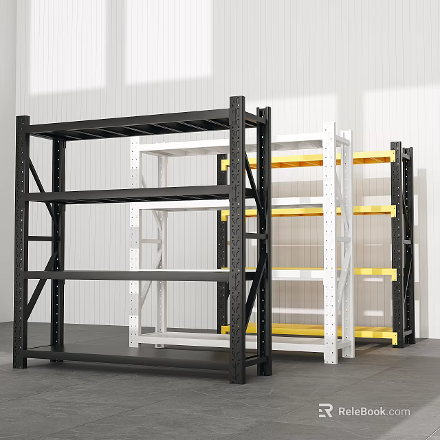 Black White and Yellow Metal Multi Tier Storage Racks in Modern Warehouse Space 3d model 