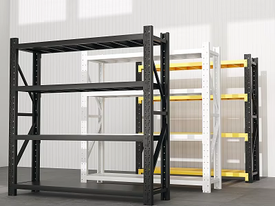 Black White and Yellow Metal Multi Tier Storage Racks in Modern Warehouse Space 3d model