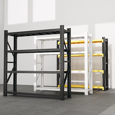 Black White and Yellow Metal Multi Tier Storage Racks in Modern Warehouse Space 3d model