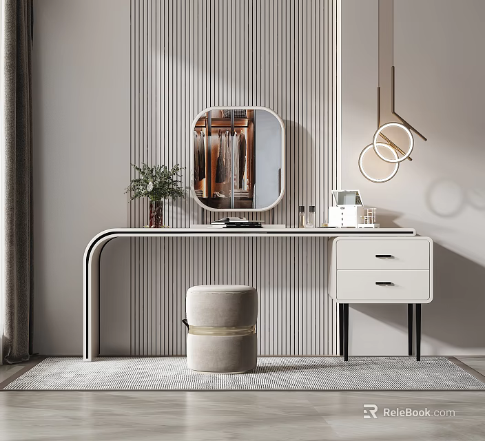 Modern Dressing Table With Circular Mirror Stool Plant Hanging Lights And Striped Wall Design 3d model 