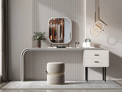 Modern Dressing Table With Circular Mirror Stool Plant Hanging Lights And Striped Wall Design 3d model