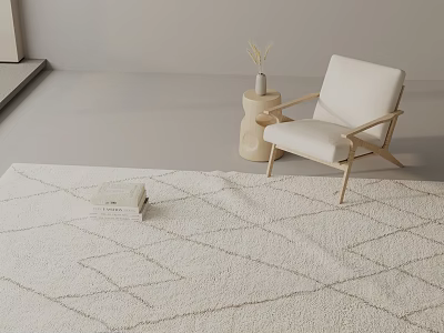 Square Rug Neutral Geometric Design With White Chair Wooden Legs Small Table And Stack Of Books 3d model