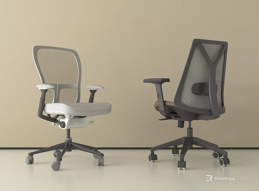 Two Modern Office Chairs With Mesh Backrest Adjustable Armrests And Swivel Casters 3d model 
