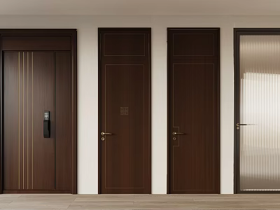 Modern Dark Wood Interior Swing Doors With Stylish Handle Design For Home Decoration 3d model