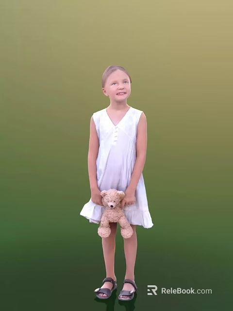 Little Girl In White Dress Holding Teddy Bear Against Green Background 3d model 