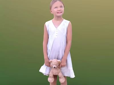 Little Girl In White Dress Holding Teddy Bear Against Green Background 3d model