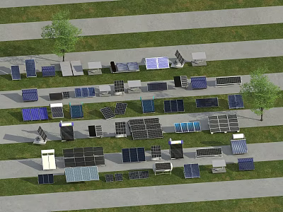 Various Solar Panels As Daily Electrical Appliances Arranged On Grassland With Trees 3d model
