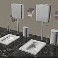White Urinal With Water Tank Toilet Paper Holder And Trash Bin On Black Marble Countertop