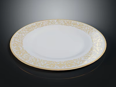Elegant White Dinner Plate With Gold Floral Pattern And Classic Design 3d model