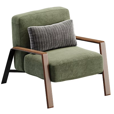 Cozy Green Upholstered Single Sofa With Wooden Armrests And Striped Accent Pillow 3d model