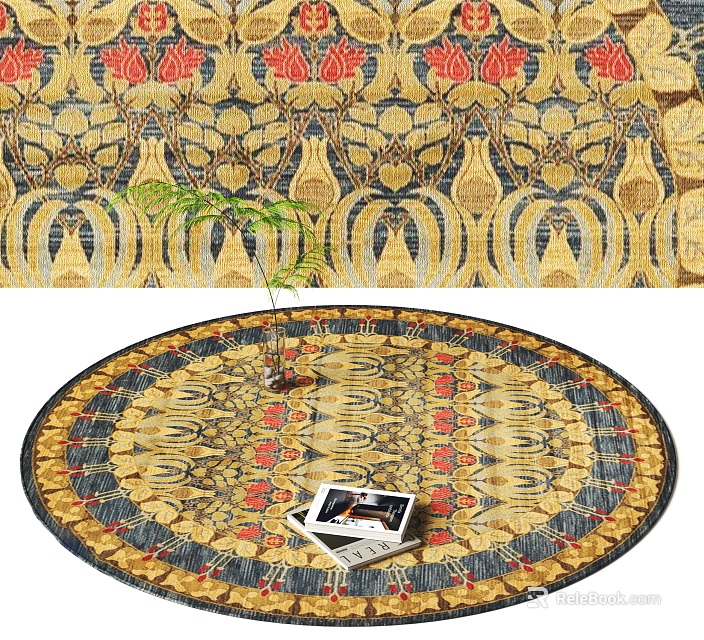 Round Decorative Rug With Floral Pattern Gold Red Blue Colors Small Plant And Magazines On Top 3d model 