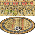 Round Decorative Rug With Floral Pattern Gold Red Blue Colors Small Plant And Magazines On Top