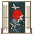 Traditional Chinese Style Screens With Classic Patterns Like Cranes Red Sun And Bamboo 3d model