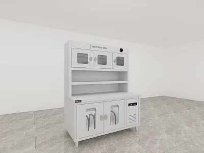 White Kitchen Appliance Cabinet With Glass Doors Drawers And Simple Design On Gray Marble Floor 3d model