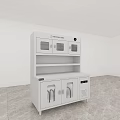 White Kitchen Appliance Cabinet With Glass Doors Drawers And Simple Design On Gray Marble Floor