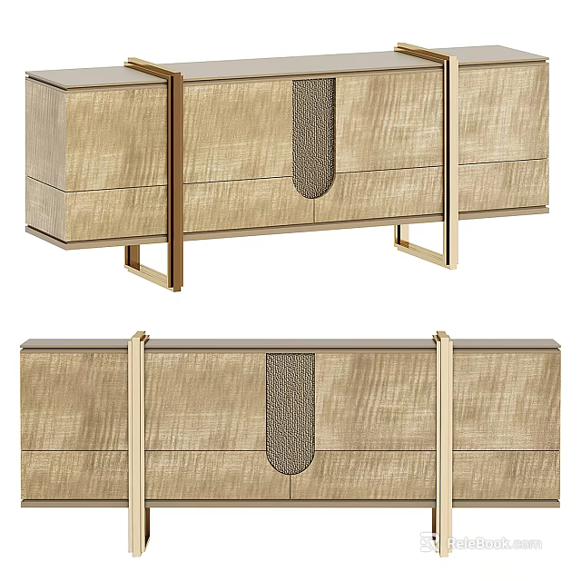 Modern TV Stand With Wood Grain Surface Gold Metal Frame And Drawers 3d model 