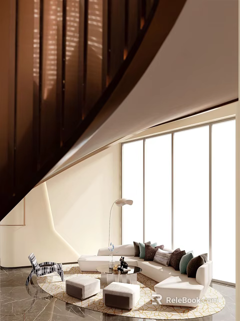 Modern Lounge Area With Large Windows Cozy Sofa And Floor Lamp Design 3d model 