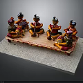 Group Of Traditional Costume Figurines Sitting On Wooden Platform Playing Instruments And Resting