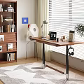 Modern Wooden Desk With Ergonomic Chair Desk Lamp Small Plant Calendar And Bookshelf