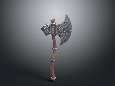 Ornate Medieval Axe With Intricate Carvings Red Handle And Metal Rings 3d model