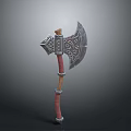 Ornate Medieval Axe With Intricate Carvings Red Handle And Metal Rings