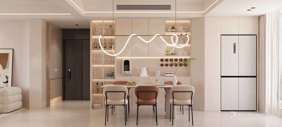 Elegant Modern Restaurant Interior Featuring Dining Area Wine Rack And Curved Pendant Light 3d model