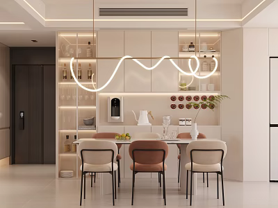 Elegant Modern Restaurant Interior Featuring Dining Area Wine Rack And Curved Pendant Light 3d model