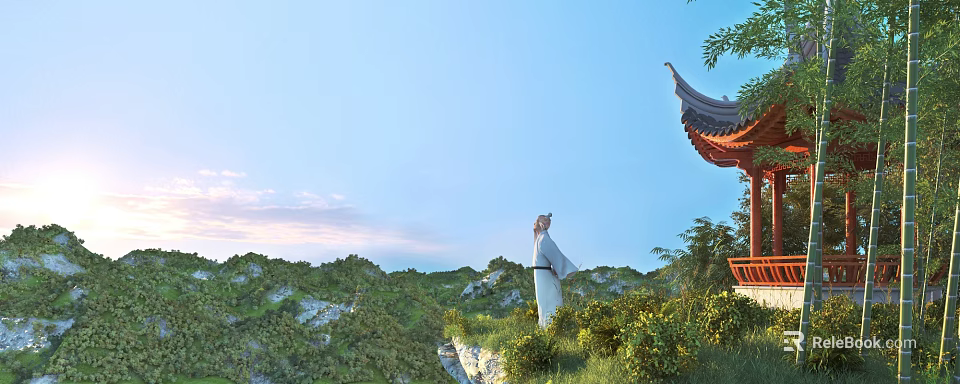 Scenic Park Landscape With Green Vegetation Mountains Blue Sky And Red Chinese Roof 3d model 